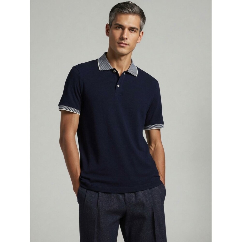 BLOOMINGDALES Polo Shirt Mens XXL Navy Blue Stripe Trim Short Sleeve Cotton